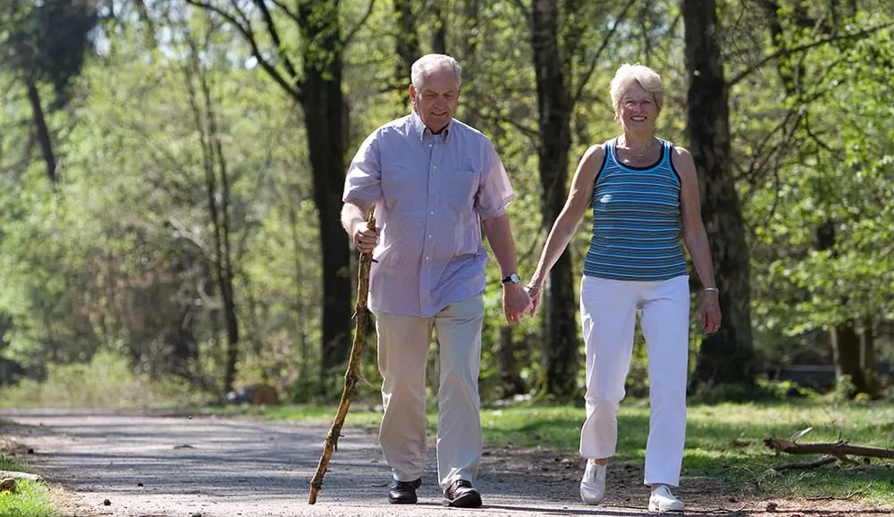 Elderly couple walking through the parc hand in hand