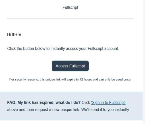 Fullscript email with the Access Fullscript button