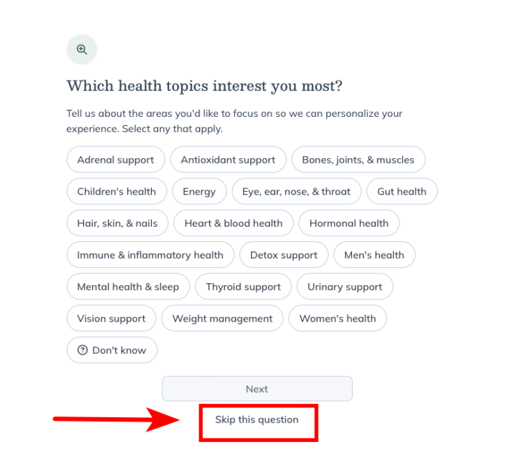 Fullscript onboarding screen asking "Which health topics interest you most?" with a red arrow pointing to the "Skip this question" link