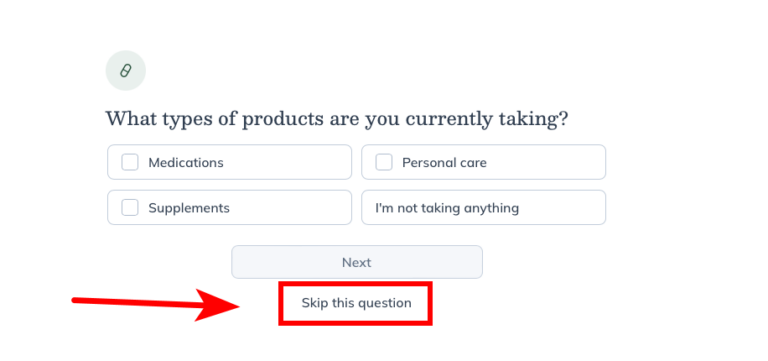 Fullscript onboarding screen asking "What types of products are you currently taking?" with a red arrow pointing to the "Skip this question" link