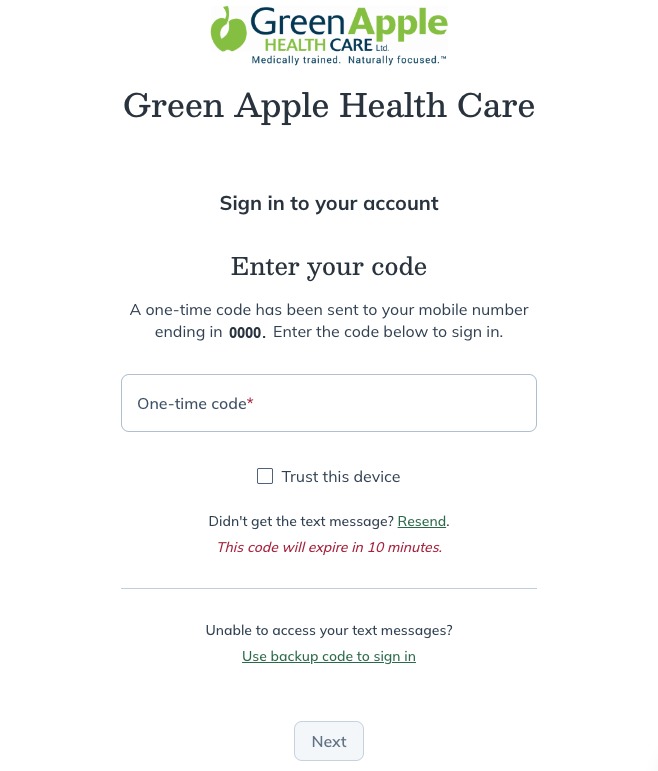 Fullscript one-time verification code screen